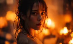 the woman in front of candles looks into the distance