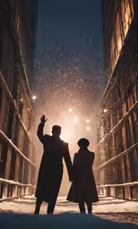 a couple of people holding hands and walking in the snow