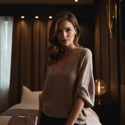 a woman with her arms on the bed