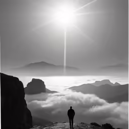 a person stands on top of a mountain looking down