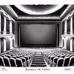 an old theater has chairs and a projection screen