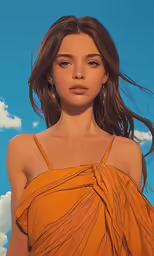 a woman in an orange top looks to the side