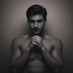 a man standing up with his hands together