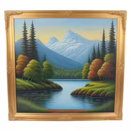this painting shows a mountain lake and trees,a painting is in the shape of a golden frame