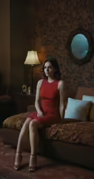 the beautiful woman in a red dress is sitting on the bed
