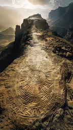 a large stone circle in the middle of rocks,an intricately designed rock with a person standing on the edge