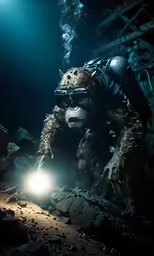 a man in diving gear holding a light