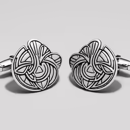 two cuff links with designs on them
