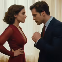 a man in a suit standing next to a woman in a red dress