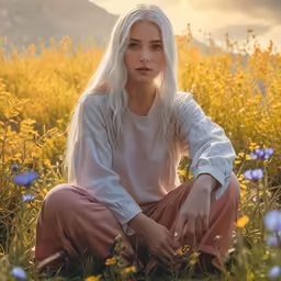 a person sitting in a field of flowers