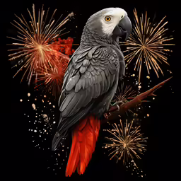 a close up of a bird sitting on a branch with fireworks