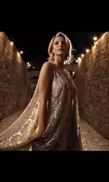 a beautiful young blonde woman in an evening dress