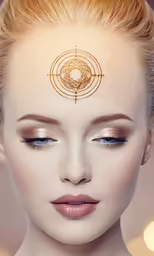 a woman with makeup, gold and black eyeshadp and white eyelashes
