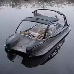 a person sitting inside a motor boat on a body of water