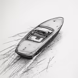 an ink drawing of a boat on water with its hood down