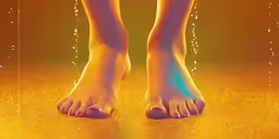 two feet on the floor with water droplets
