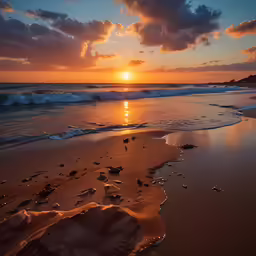 the sun is going down over a sandy beach