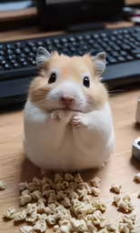 a hamster is sitting near peanuts next to a keyboard