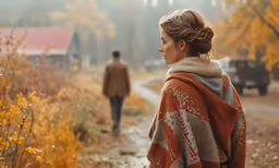 woman in ponche cape walking on path near car