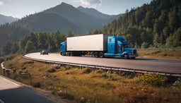 a semi truck travels down the highway beside an interstate,a blue truck driving down a rural mountain road