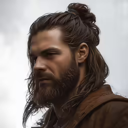 a man with a beard is standing with a long braid