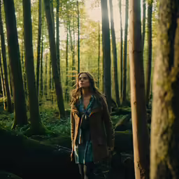 a woman walking through the woods with a brown jacket