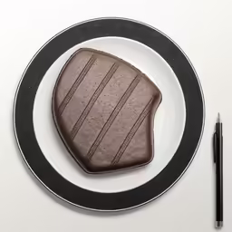a chocolate piece and a pen on top of a white plate