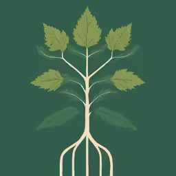 the drawing shows a long tree with several green leaves, and a root attached to it