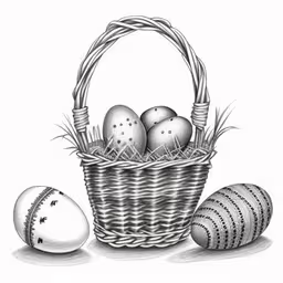 two different types of easter eggs in a basket,an ink drawing of a basket with three gray eggs