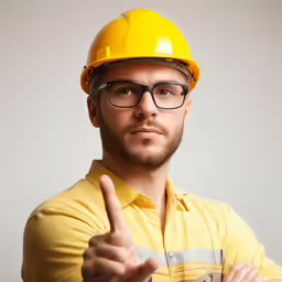 a man in a yellow hardhat pointing a finger
