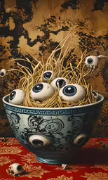 the bowl has pasta with eyes all over it