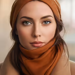 a woman is wearing a light brown jacket and a brown hat