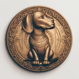 the back of an ancient gold wall plaque depicting a seated dog