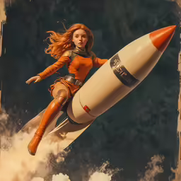 an advertisement featuring a woman flying through the sky on top of a rocket