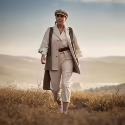 an older woman in a hat walking across a field