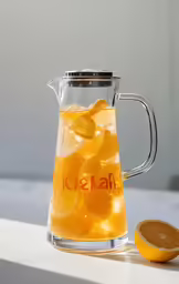 pitcher with lemons on the table in front of it