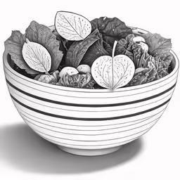 a bowl of salad is shown in black and white