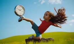 a child holding up a clock on a field of grass