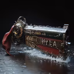 a steam powered machine sits on a wet surface