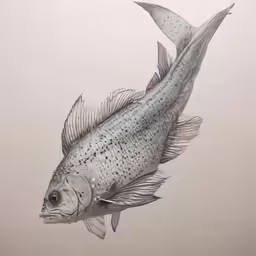 an artistic drawing of a fish with black and white stripes