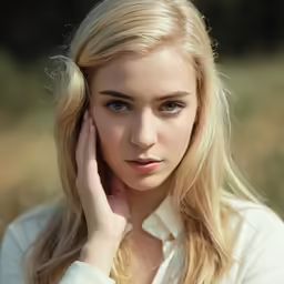 a blonde woman posing for the camera in front of grass