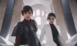 two woman with short hair wearing black and white outfits