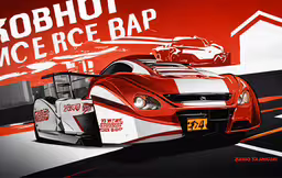 a poster of a race car in front of a red building,a race car sitting on top of a red and white background