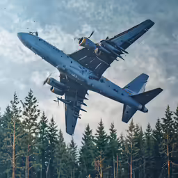 a fighter plane flying over pine trees and clouds
