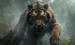 a tiger walking through the jungle with a lot of drops