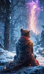 a woman is sitting in the snow watching fireworks