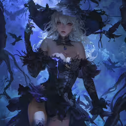 a cartoon girl dressed in black in a forest,a fantasy art depicting a woman with a hat and feathers