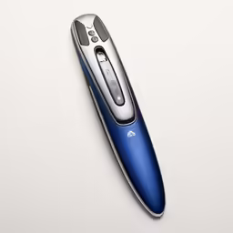a large blue electric toothbrush on a white table