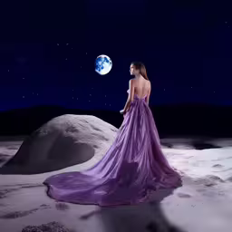 a woman standing on the ground in purple dress looking up,a young woman in a long purple dress looks at the moon