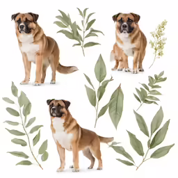 there are two brown dogs and several different leaves